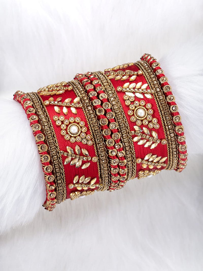 Aheli Traditional Wedding Designer Silk Thread Faux Stone Studded Bridal Bangle Set Chuda Indian Ethnic Bollywood Fashion Jewelry Gift for Women (Red) - Image 3